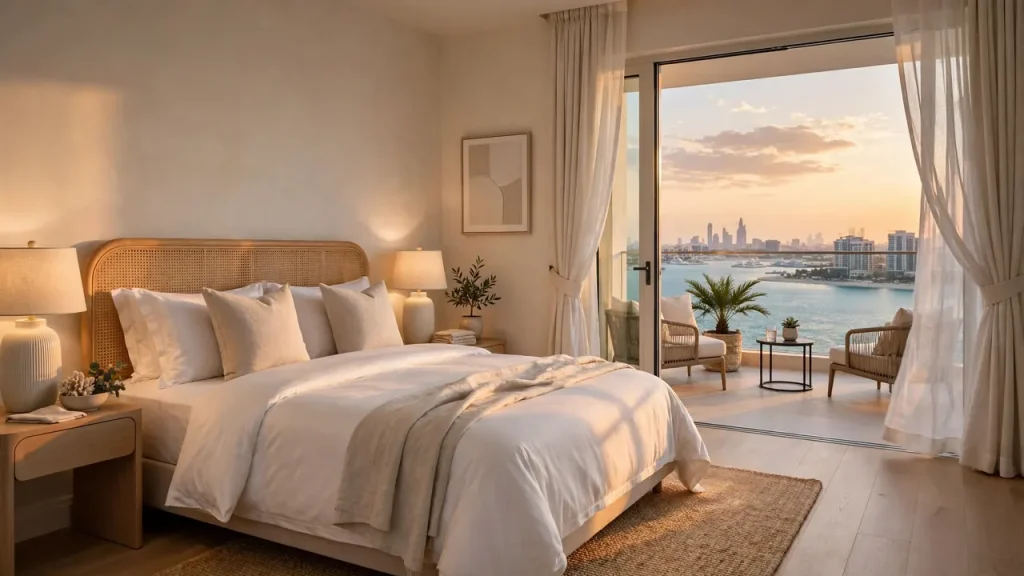 Short-Term vs Long-Term Rental in Dubai: Which Earns Owners More This Winter Luxury staged bedroom with sea view balcony, typical of StayBetterDXB-managed holiday homes in Dubai