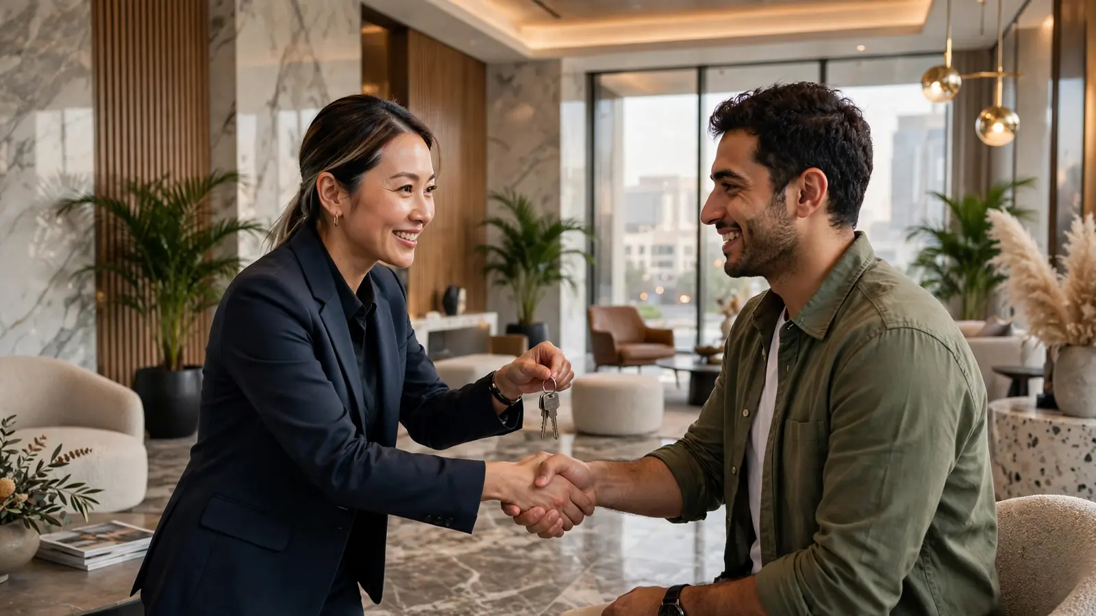 Property Management Services in Dubai: The Complete Owner's Guide Property manager handing apartment keys to a new tenant in Dubai