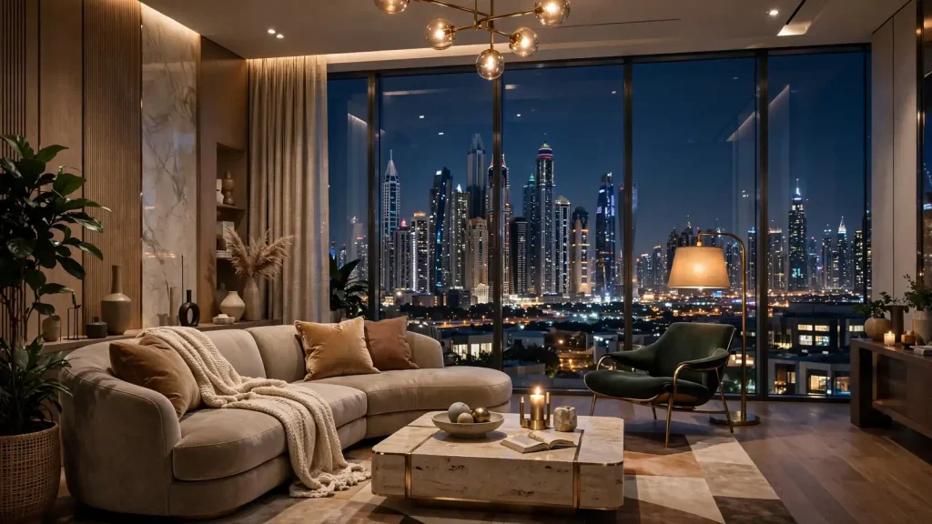 Guaranteed Rent in Dubai: Should You Take the Fixed Offer or Keep the Upside? Luxury Dubai holiday home at night, earning peak-season rates under revenue share