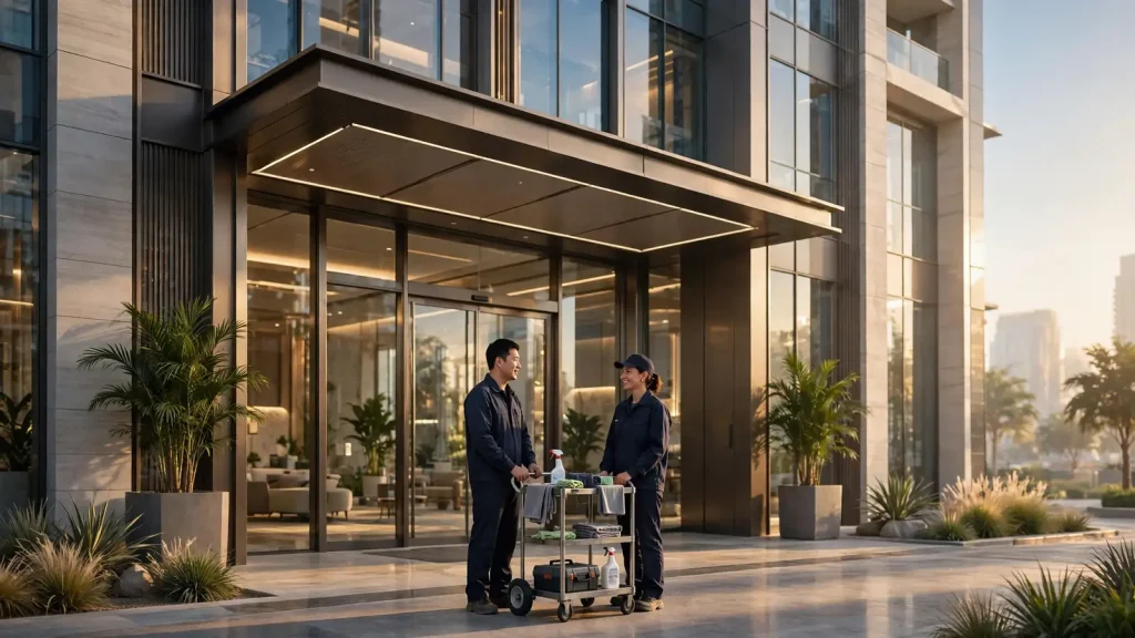 Dubai Holiday Home Maintenance: The Owner Playbook Maintenance team arriving at a Dubai residential tower to service a managed holiday home.