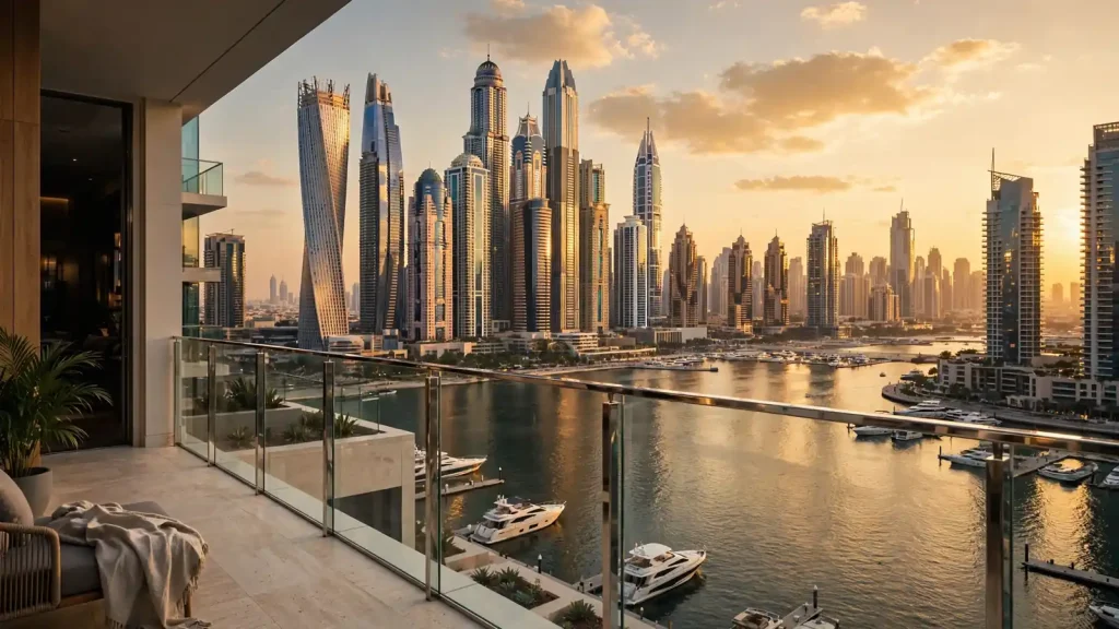 Guaranteed Rent in Dubai: Should You Take the Fixed Offer or Keep the Upside? Dubai Marina holiday home balcony at sunset, the kind of high-ADR unit a guaranteed rent offer targets