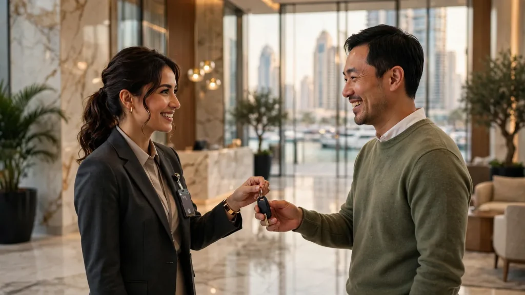 Airbnb Management in Dubai Marina: The Owner's Local Guide Property manager handing over apartment keys in a Dubai Marina tower lobby