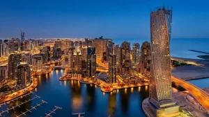 Dubai Marina skyline on a winter evening, peak season for Dubai holiday homes