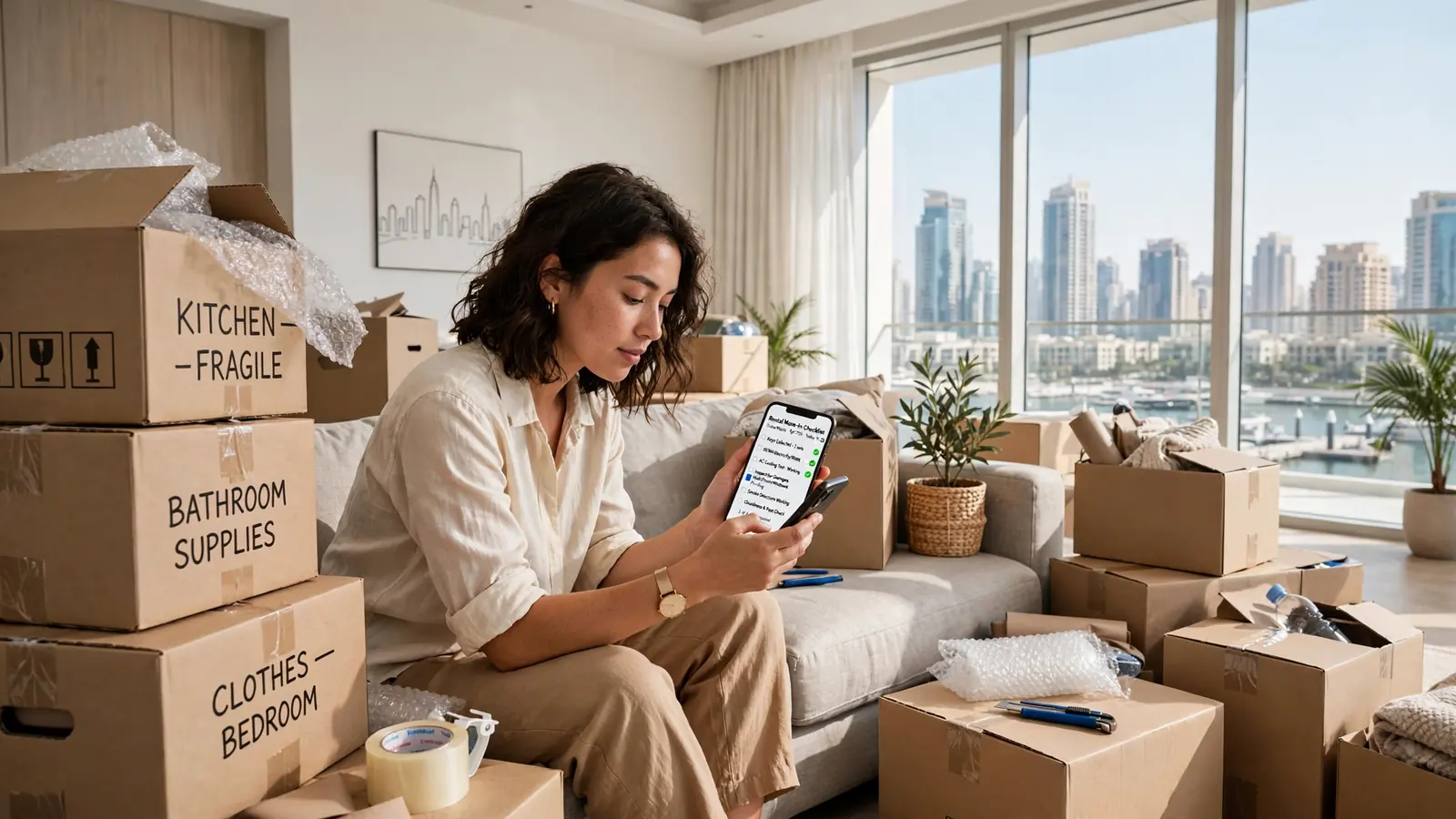 Tenants Guide to Renting: How to Rent a Property in Dubai Renter completing a Dubai move-in checklist with moving boxes nearby