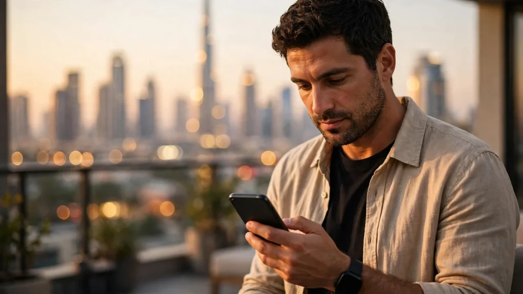 How Holiday Home Management Works in Dubai: The Owner's Inside Look Property owner reviewing monthly rental statement on a phone with Dubai skyline behind