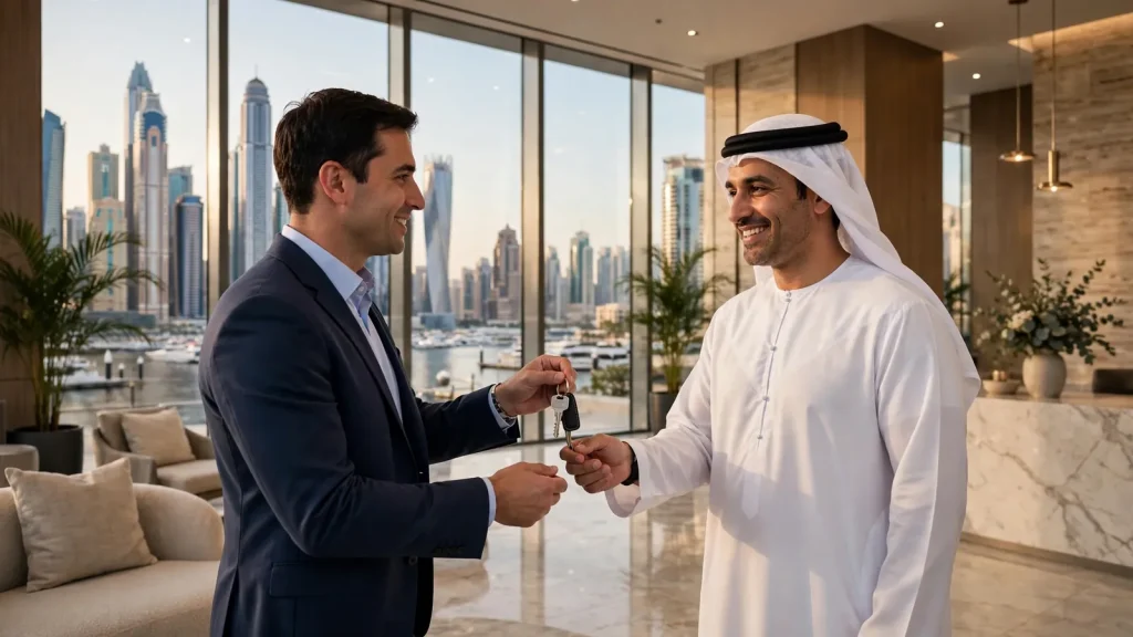 Property Management Companies in Dubai: The Owner's Complete Guide Property manager handing apartment keys to a Dubai property owner in a luxury tower lobby