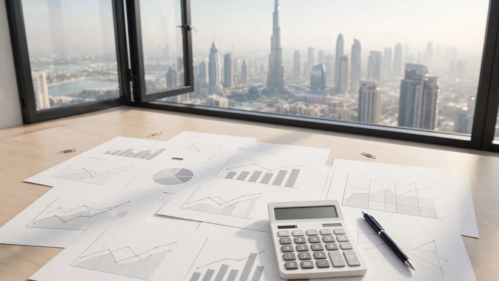 Property Management Services in Dubai: The Complete Owner's Guide Reviewing property management fee documents with Dubai skyline view