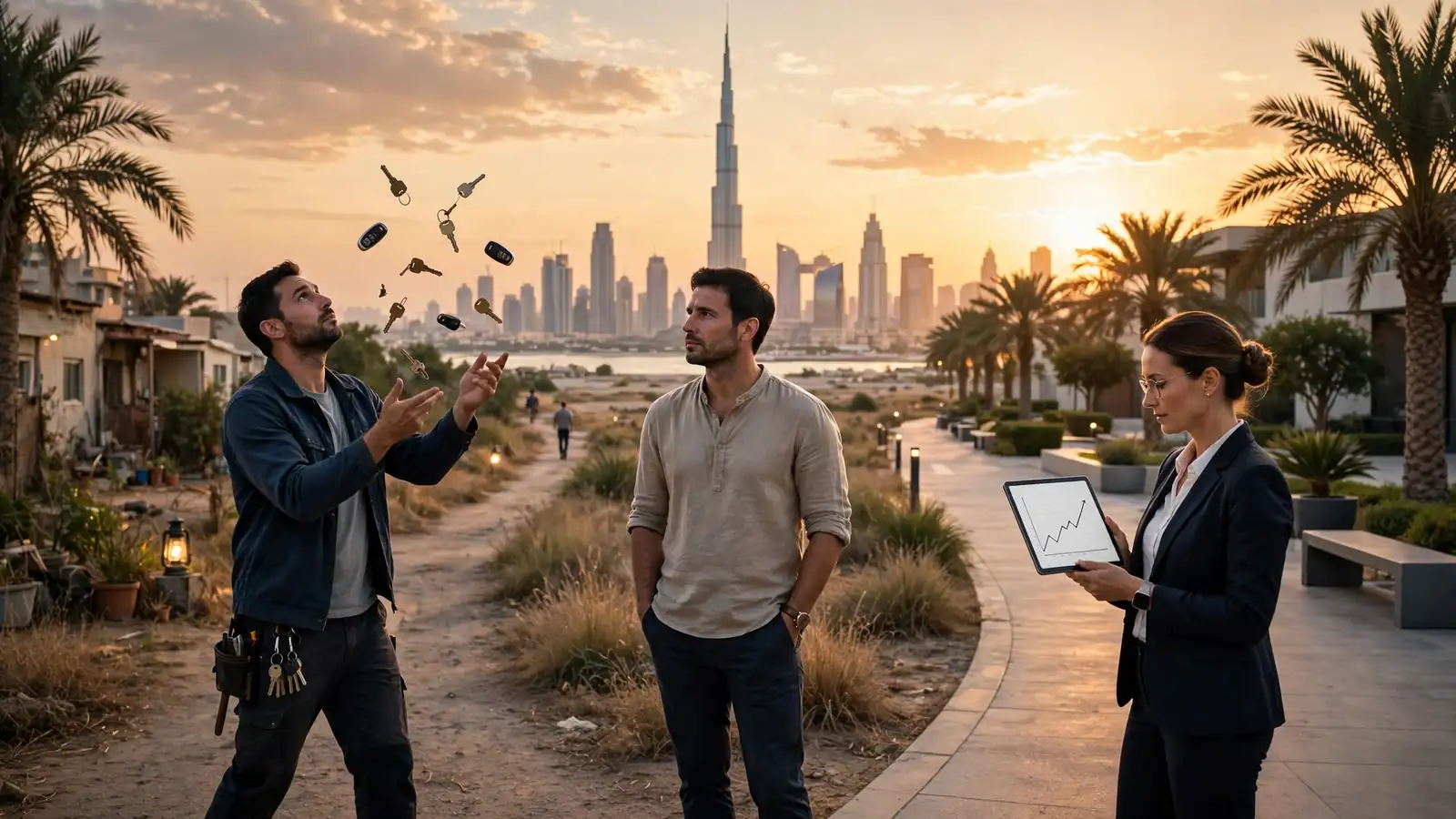 Airbnb Arbitrage in Dubai: Should You Rent Your Apartment to an Operator? Two diverging paths concept for a Dubai property owner decision