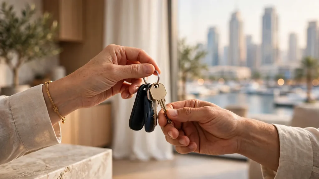 Short-Term Property Management Company in Dubai: The Owner's Guide to Fees, Services and Choosing Right Property owner receiving apartment keys with Dubai skyline in background