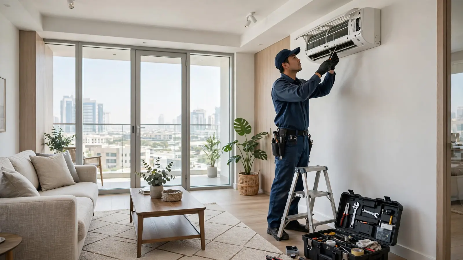 Property Management Services in Dubai: The Complete Owner's Guide Maintenance technician servicing air conditioning in a Dubai rental apartment