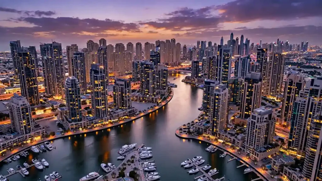 How to Convert a Tenanted Apartment to Airbnb in Dubai: The Owner's Legal-to-Launch Playbook Aerial view of Dubai residential towers at dusk