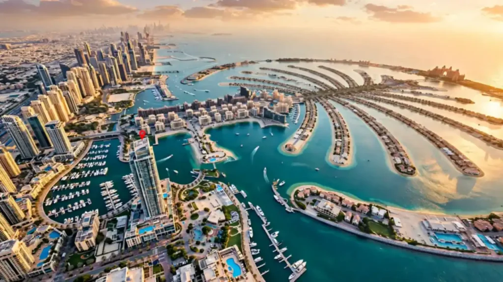 How to Find Short Term Rentals in Dubai: The Investor's Research Manual Aerial view of Dubai Marina and Palm Jumeirah for short-term rental neighborhood scouting