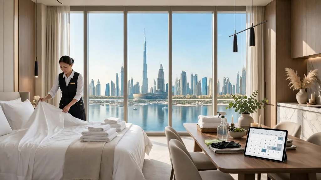 Property Management Companies in Dubai: The Owner's Complete Guide Professional housekeeper preparing a luxury Dubai apartment for holiday home guests