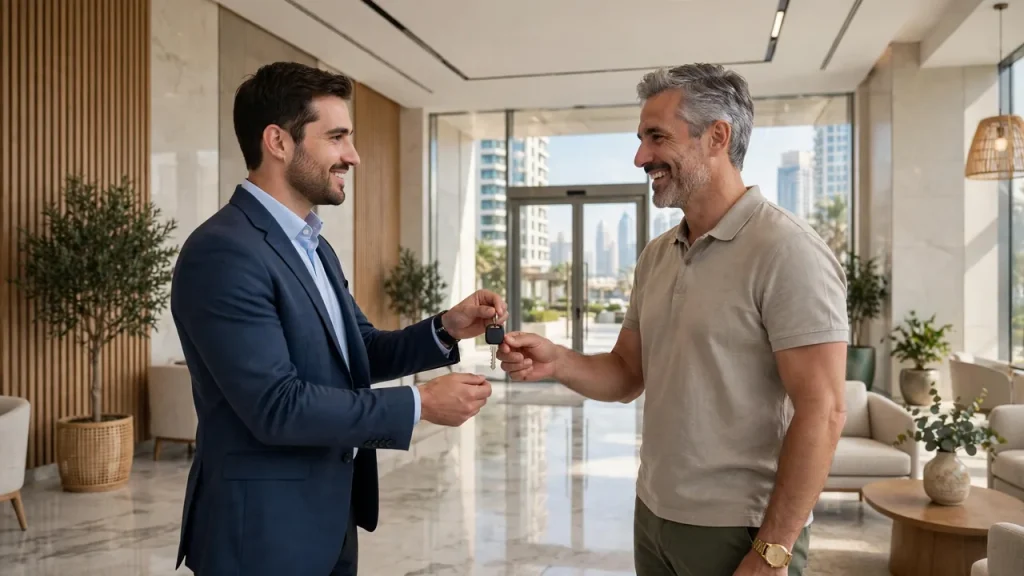 Short Term Rentals in Dubai: The Complete Owner's Guide Property manager handing apartment keys to a Dubai property owner