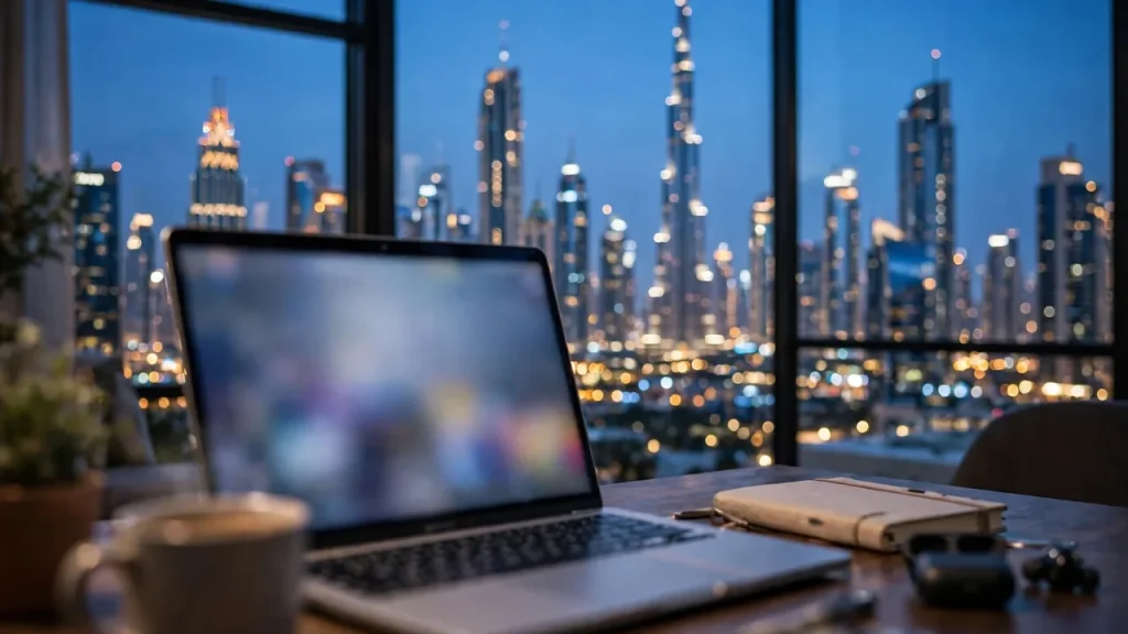 Short Term Rentals in Dubai: The Complete Owner's Guide Laptop showing short-term rental pricing data with the Dubai skyline at dusk
