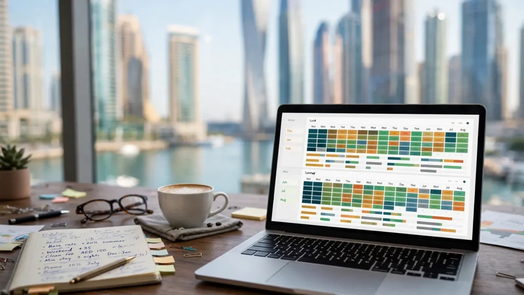 Dubai Holiday Home Seasonal Strategy: The Owner's Winter vs Summer Playbook Seasonal revenue calendar showing winter and summer nightly rate planning for a Dubai short-term rental