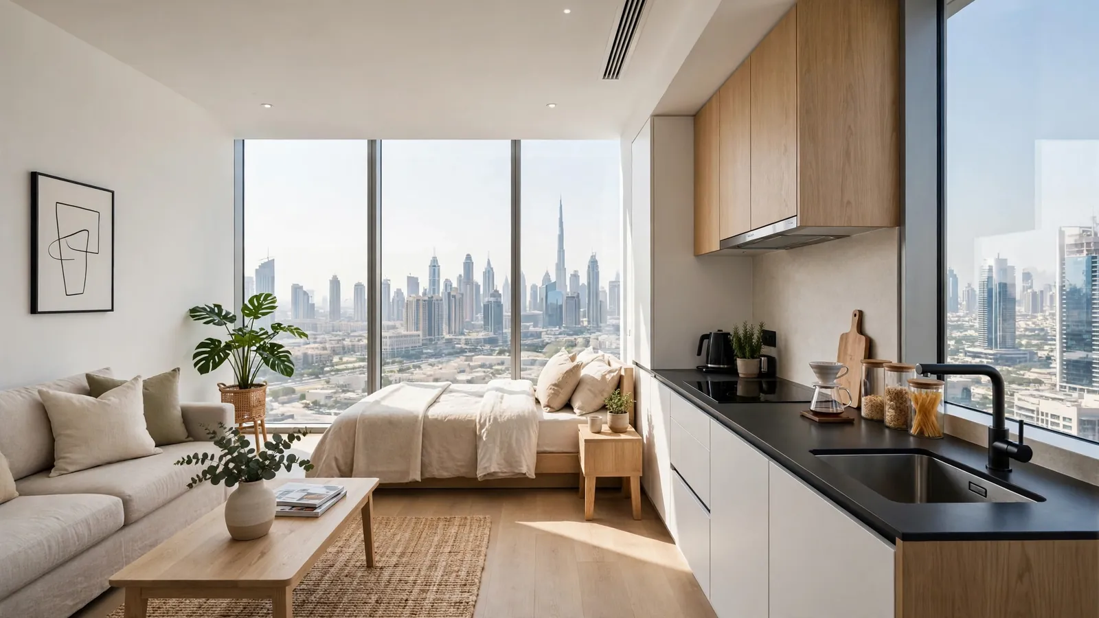 Airbnb Management in Dubai Marina: The Owner's Local Guide Bright modern studio apartment interior in Dubai ready for guests