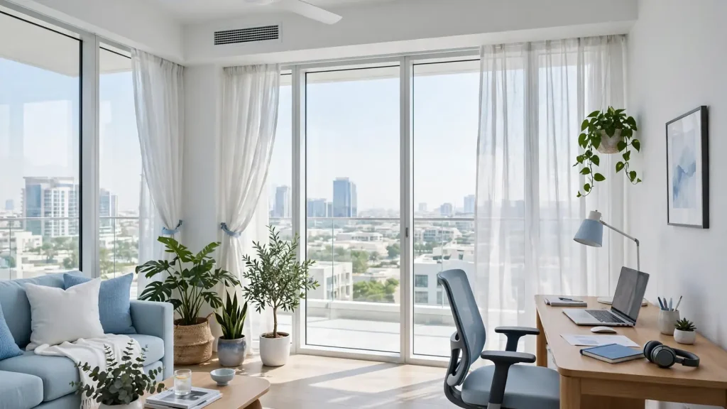 Dubai Holiday Home Seasonal Strategy: The Owner's Winter vs Summer Playbook Cool, work-friendly Dubai apartment interior staged for summer holiday home guests