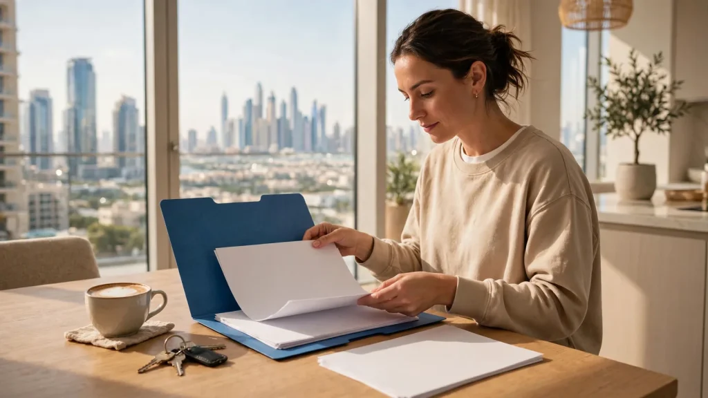 Requirements for Renting a Flat in Dubai: Complete Documents Checklist Tenant preparing a rental documents folder for a Dubai flat