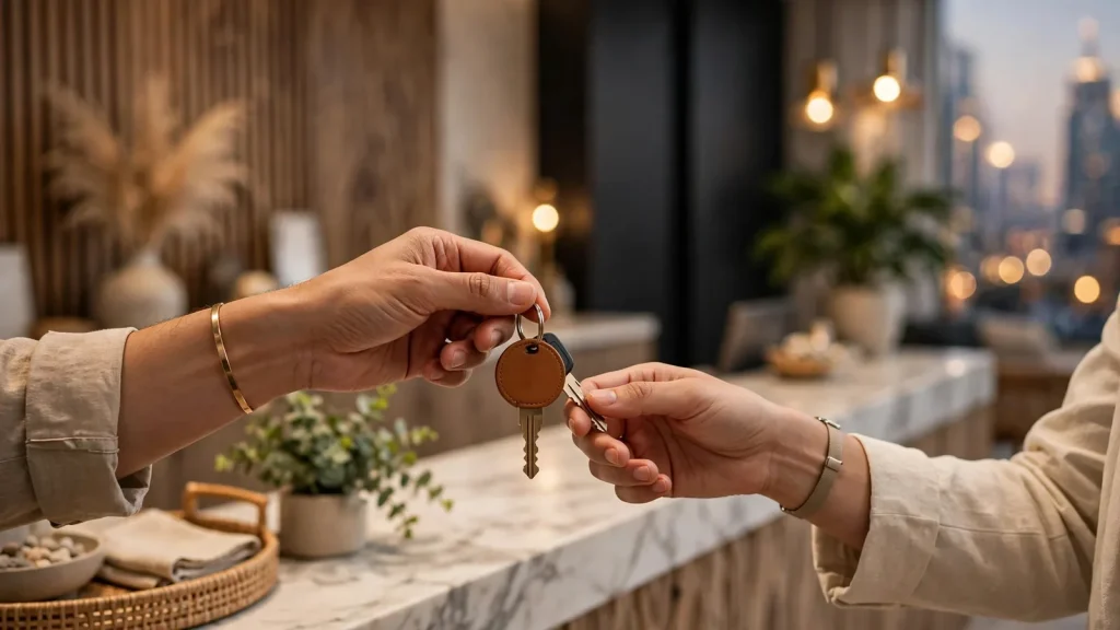 Holiday Home License Dubai Cost: A Complete Investor Guide Guest check-in at a licensed Dubai holiday home where Tourism Dirham is collected
