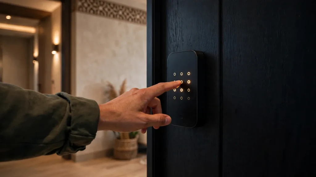 How to Screen Short-Term Rental Guests in Dubai: The Owner's Playbook Guest using a smart lock code for keyless check-in at a Dubai vacation rental