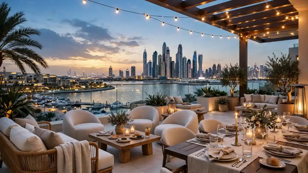 Dubai Holiday Home Seasonal Strategy: The Owner's Winter vs Summer Playbook Luxury Dubai holiday home terrace set for guests during winter peak season