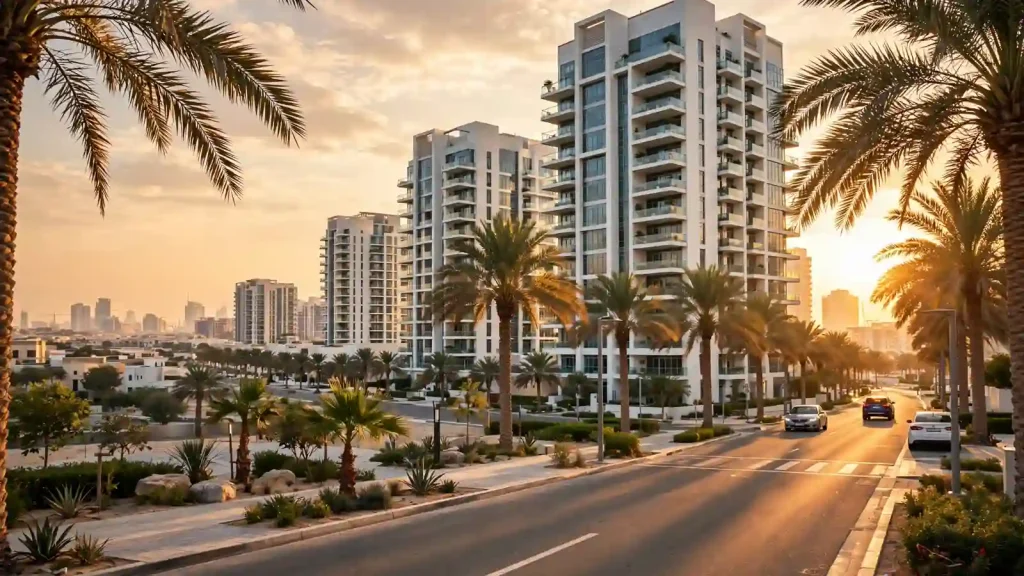 Where to Stay Near Global Village Dubai: Season 31 Holiday Home Guide Modern residential apartment towers along a palm-lined street in the Dubailand and Arjan area at golden hour