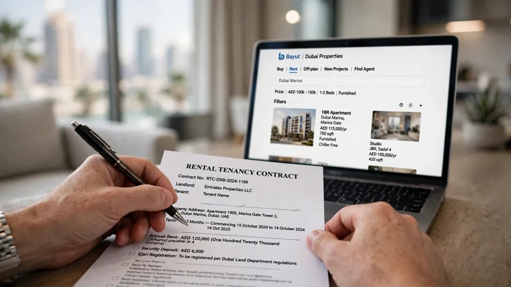 Top 20 Tips to Choose the Perfect Apartment in Dubai Tenant reviewing a tenancy contract for Ejari registration in Dubai