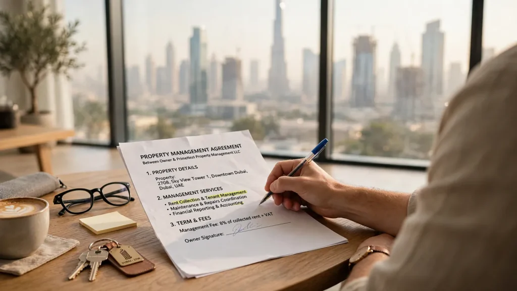 How to Choose the Best Property Management Company in Dubai: The Owner's Evaluation Guide Property owner reviewing a management agreement contract in a Dubai apartment