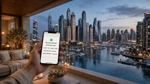 Dubai Marina skyline at dusk from a holiday home balcony with a direct booking on a phone