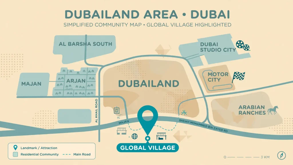 Where to Stay Near Global Village Dubai: Season 31 Holiday Home Guide Map of the Dubailand area showing Global Village and nearby neighborhoods for holiday homes in Dubai