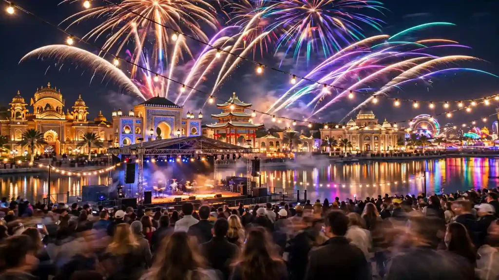 Where to Stay Near Global Village Dubai: Season 31 Holiday Home Guide Fireworks lighting up the night sky over Global Village Dubai pavilions with a concert stage crowd below