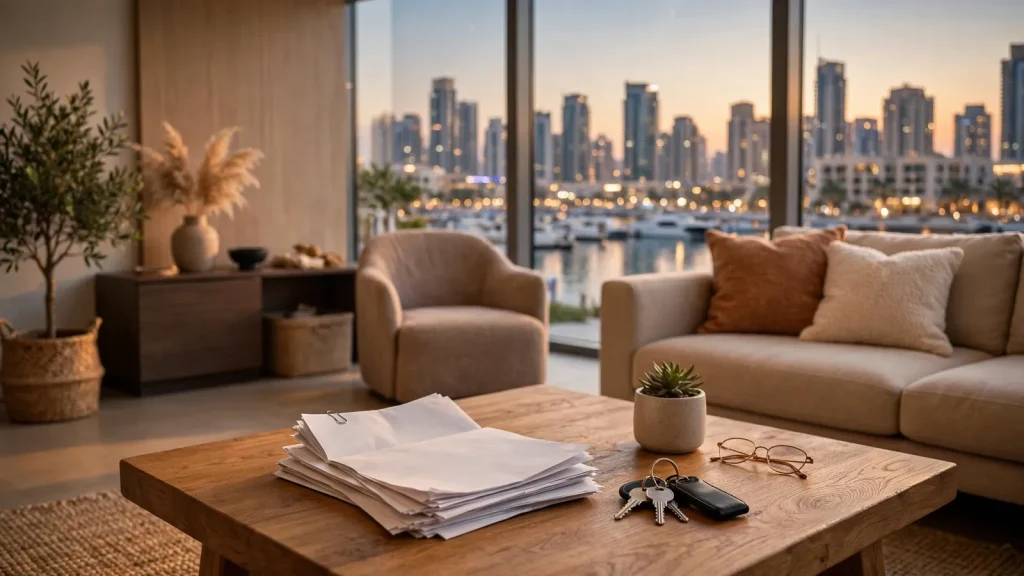 Holiday Home Insurance in Dubai: The Owner's Guide to Cover, Costs and Compliance Holiday home insurance documents and keys on a table in a Dubai apartment