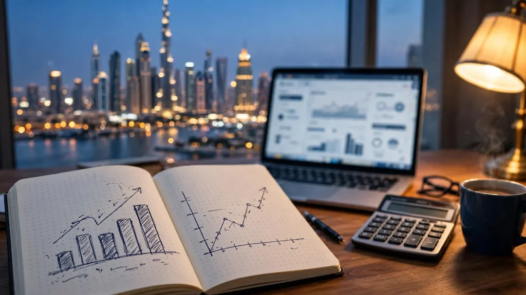 Holiday Home License Dubai Cost: A Complete Investor Guide Investor notebook with a hand-drawn revenue chart and laptop showing earnings dashboard for a Dubai holiday home
