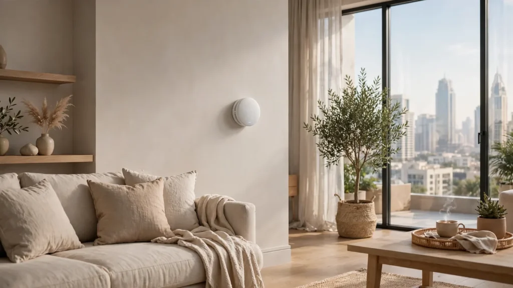 How to Screen Short-Term Rental Guests in Dubai: The Owner's Playbook Decibel-only noise monitor installed in a Dubai holiday home living room