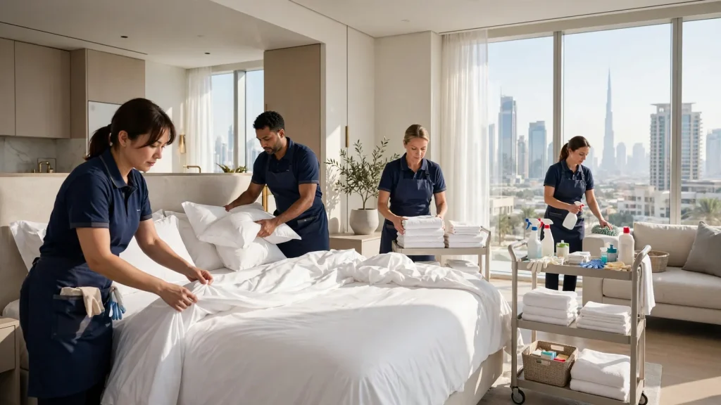 How Holiday Home Management Works in Dubai: The Owner's Inside Look Housekeeping team preparing a Dubai holiday apartment between guest stays