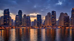 Dubai Marina skyline at dusk behind modern holiday home towers