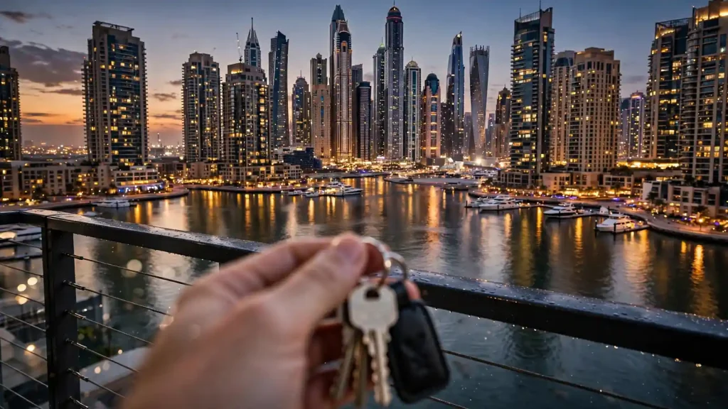 Landlord holding apartment keys overlooking Dubai Marina skyline at dusk