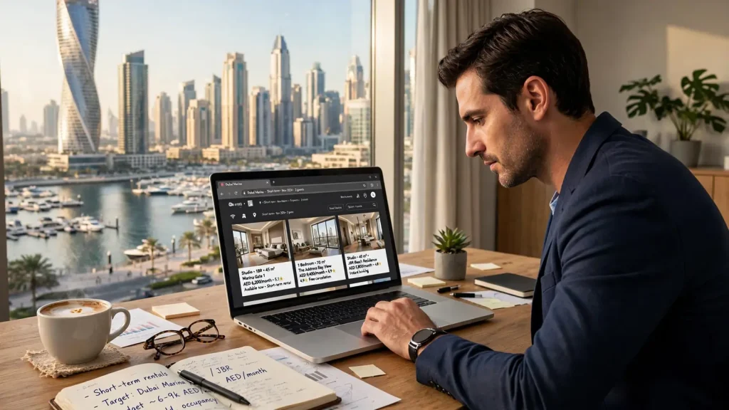 How to Find Short Term Rentals in Dubai: The Investor's Research Manual Investor researching short-term rentals in Dubai on a laptop with Dubai Marina skyline view