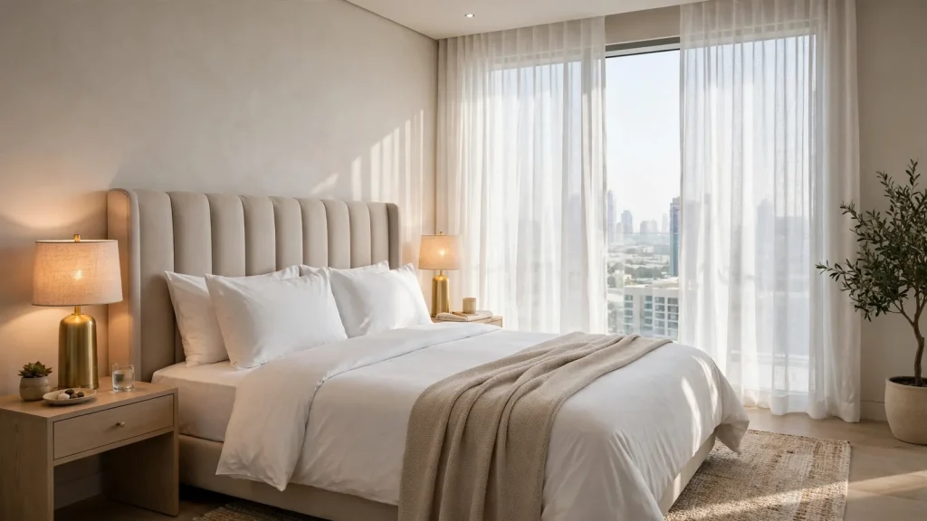 How to Furnish Airbnb in Dubai: The Owner's Cost Guide Hotel-style bedroom in a Dubai holiday home with crisp white linens