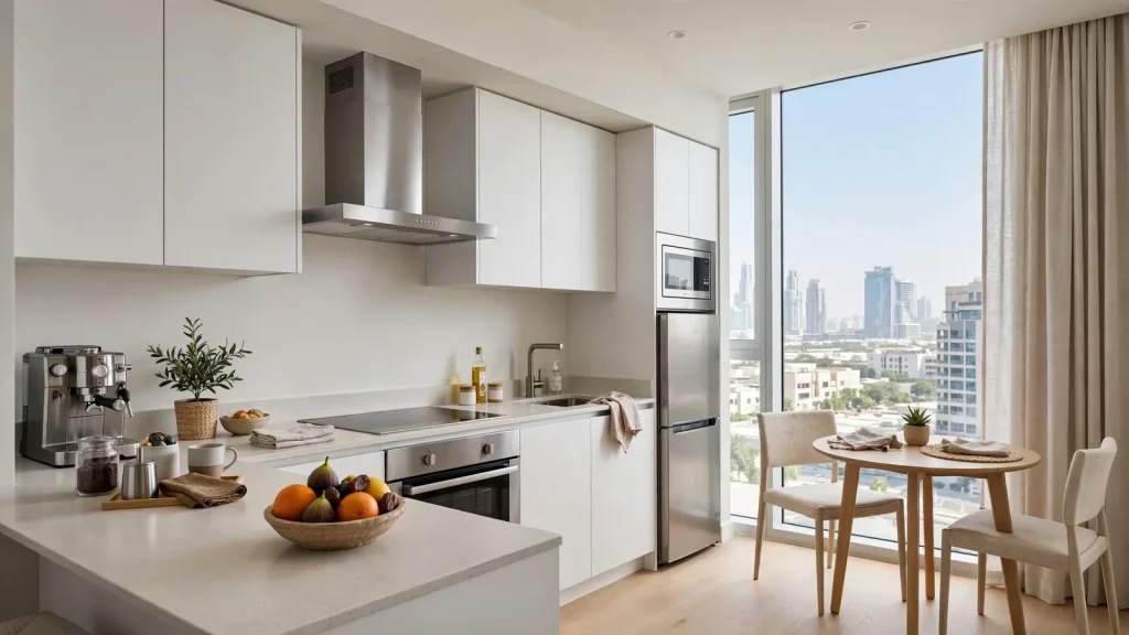 How to Furnish Airbnb in Dubai: The Owner's Cost Guide Fully equipped modern kitchen in a Dubai short-term rental apartment