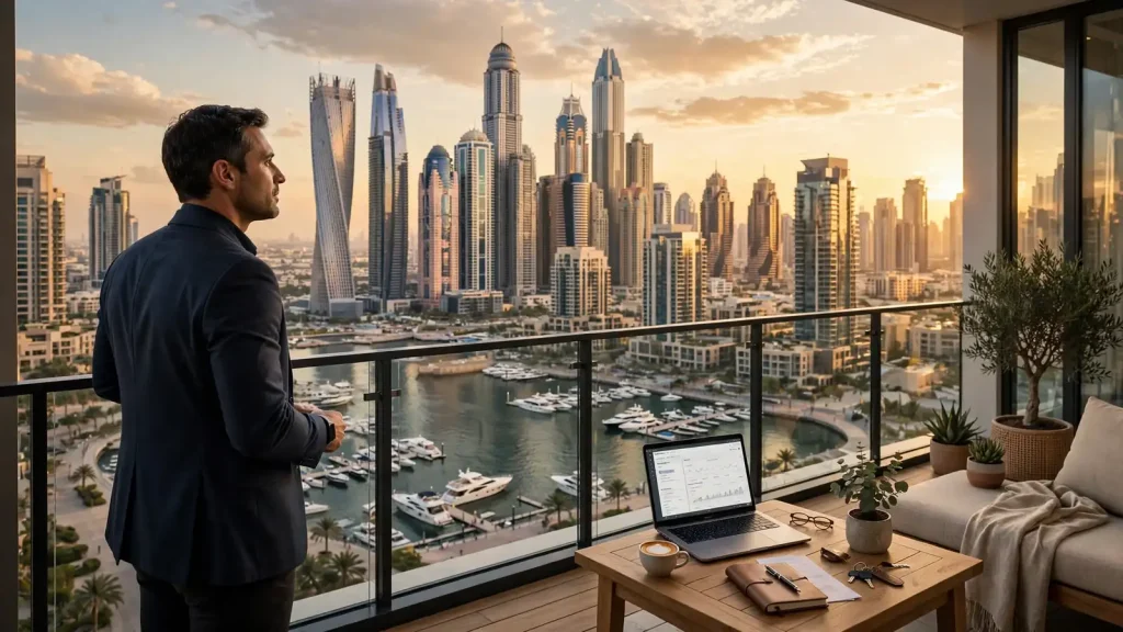 Best Areas to Invest in Airbnb in Dubai: ROI, Yields & Where to Buy Investor reviewing Dubai Marina skyline while evaluating Airbnb investment yields