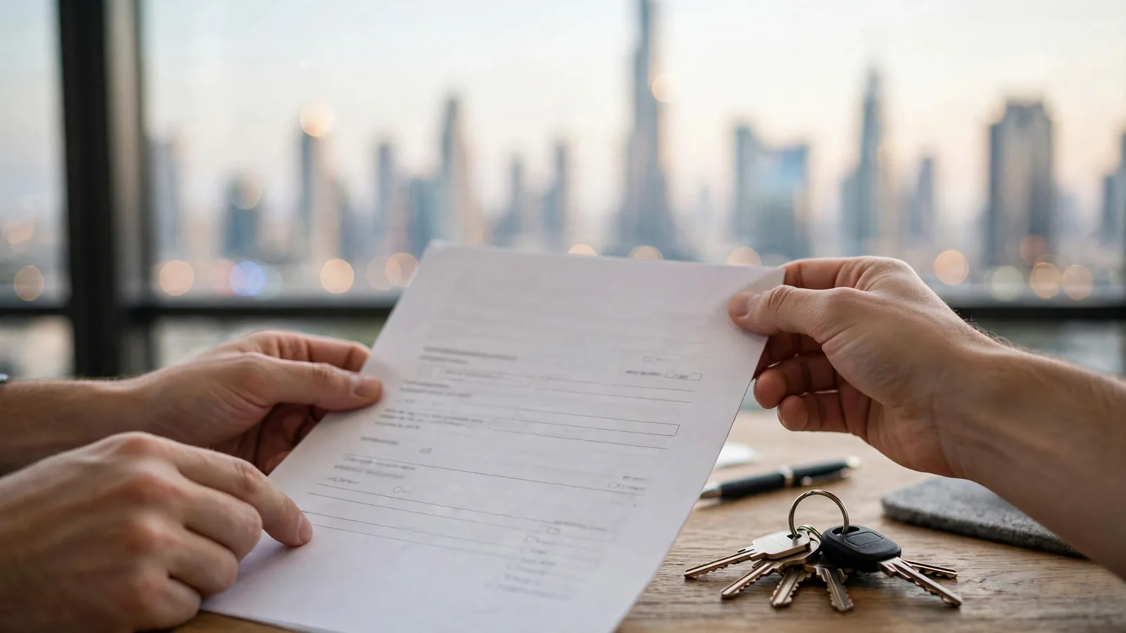 Airbnb Management in JVC Dubai: The Owner's Hiring Guide Reviewing an Airbnb management contract during a JVC apartment key handover