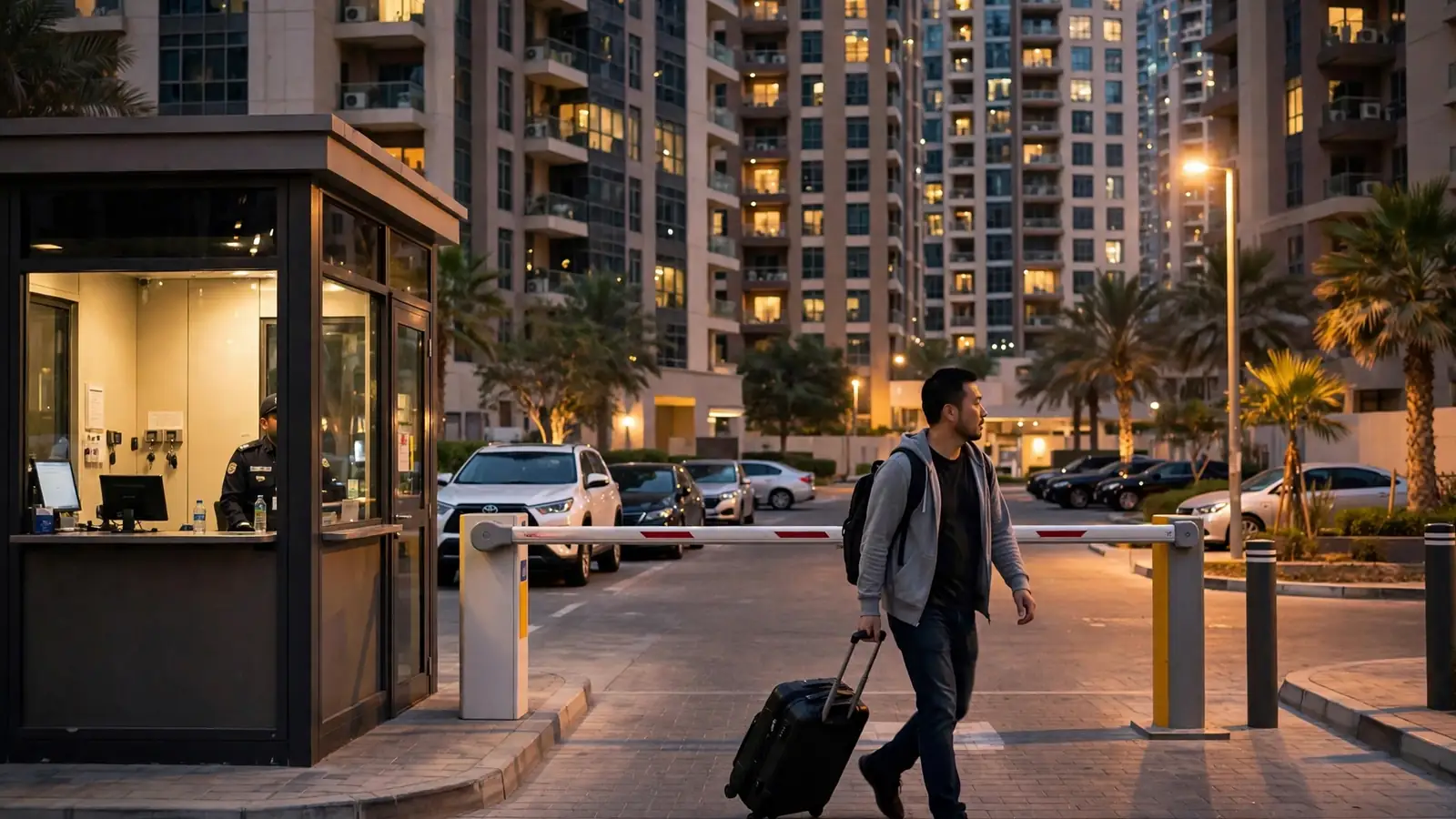 Airbnb Management in JVC Dubai: The Owner's Hiring Guide Guest arriving with luggage at a JVC Dubai residential tower access gate