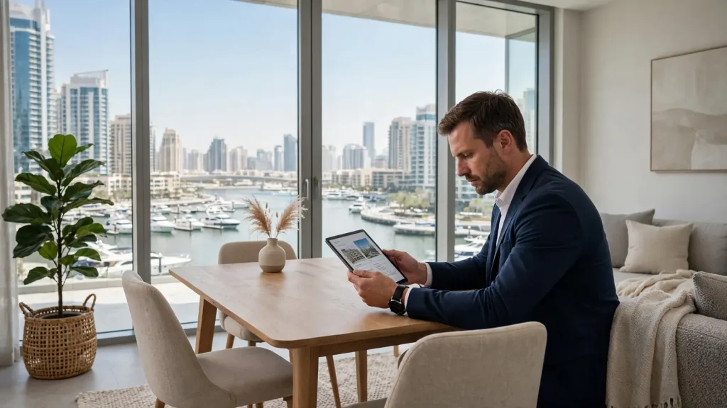 Complete List of Holiday Homes Companies in Dubai Dubai property owner comparing holiday home management companies on a tablet