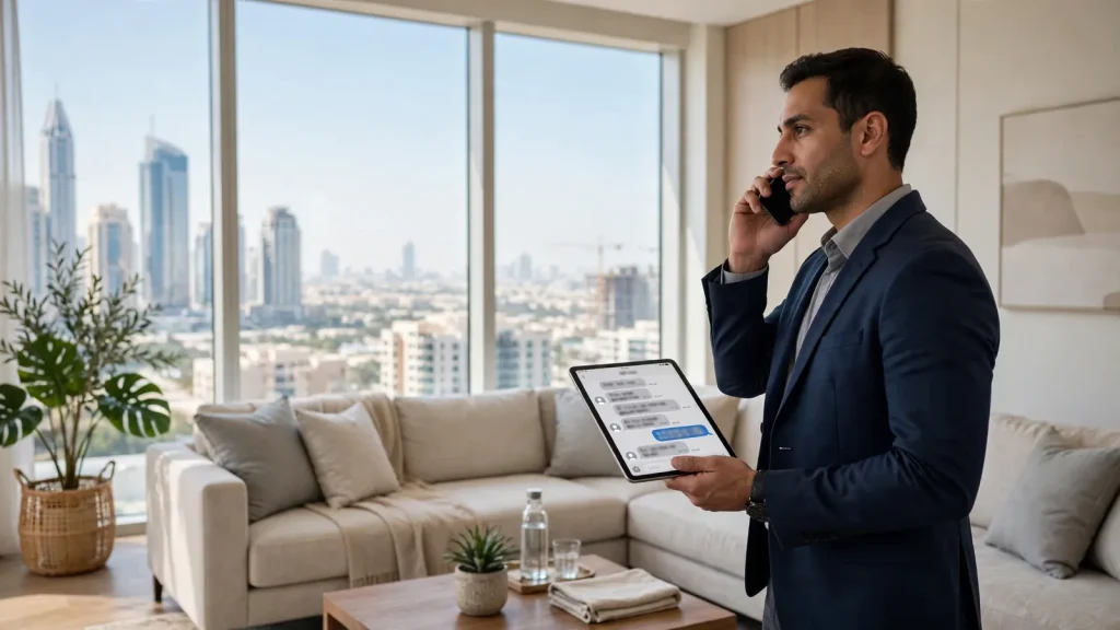 Holiday Home Insurance in Dubai: The Owner's Guide to Cover, Costs and Compliance Property manager handling guest communication and insurance compliance in a Dubai holiday home