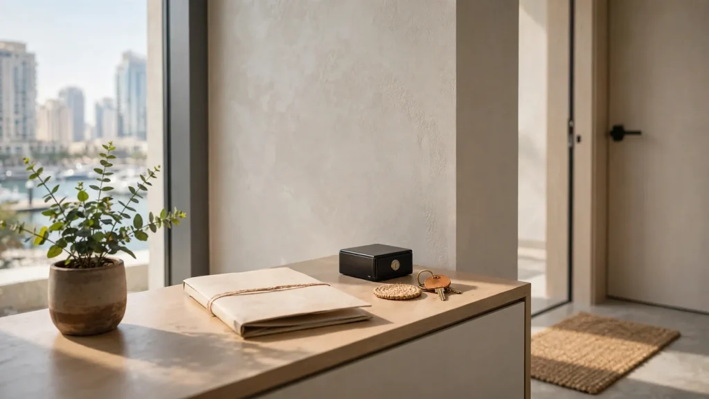 Airbnb Management in Dubai Marina: The Owner's Local Guide Holiday home check-in desk with welcome pack in a Dubai Marina apartment