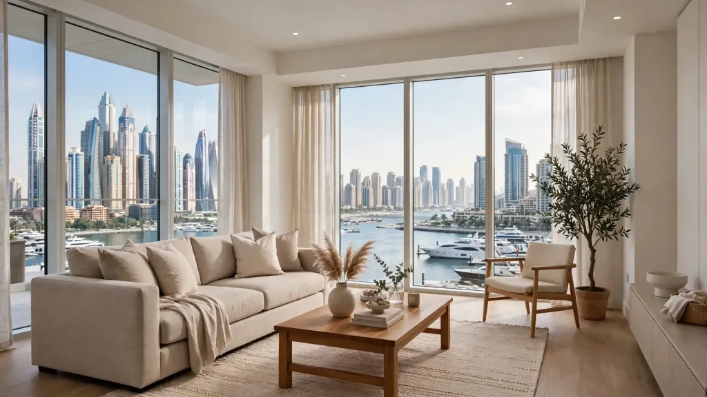 Airbnb Management in Dubai Marina: The Owner's Local Guide Bright modern living room inside a Dubai Marina holiday home apartment