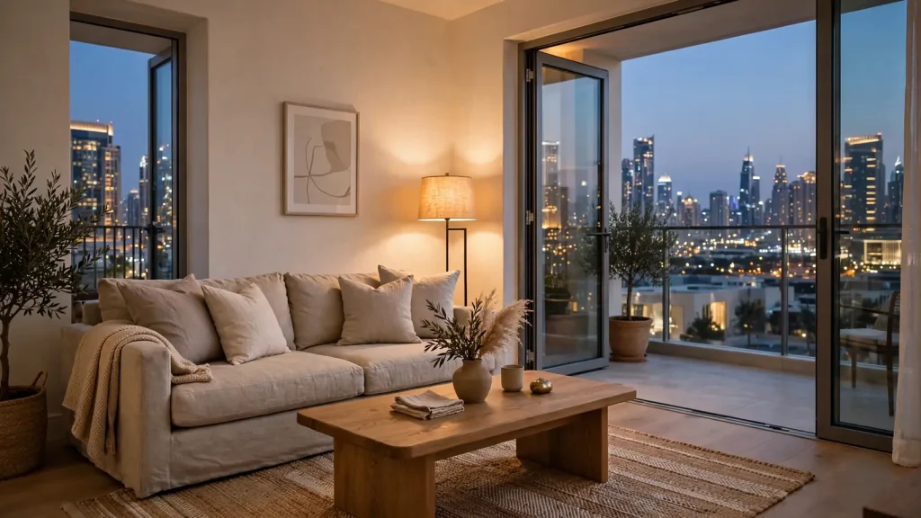 Buy Off-Plan for Airbnb in Dubai: The Handover-to-First-Guest Playbook Furnished one-bedroom Dubai holiday home living room ready for Airbnb guests