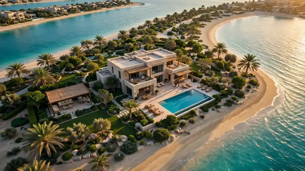 Types of Properties in Dubai: Which Ones Earn Most from Short-Term Rentals Palm Jumeirah villa with private pool, aerial view